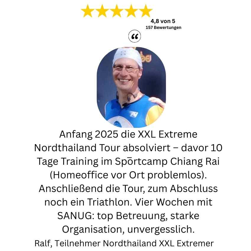 Bewertung zur XXL Extreme Nordthailand Tour über sportliche Herausforderung und Trainingsbedingungen.